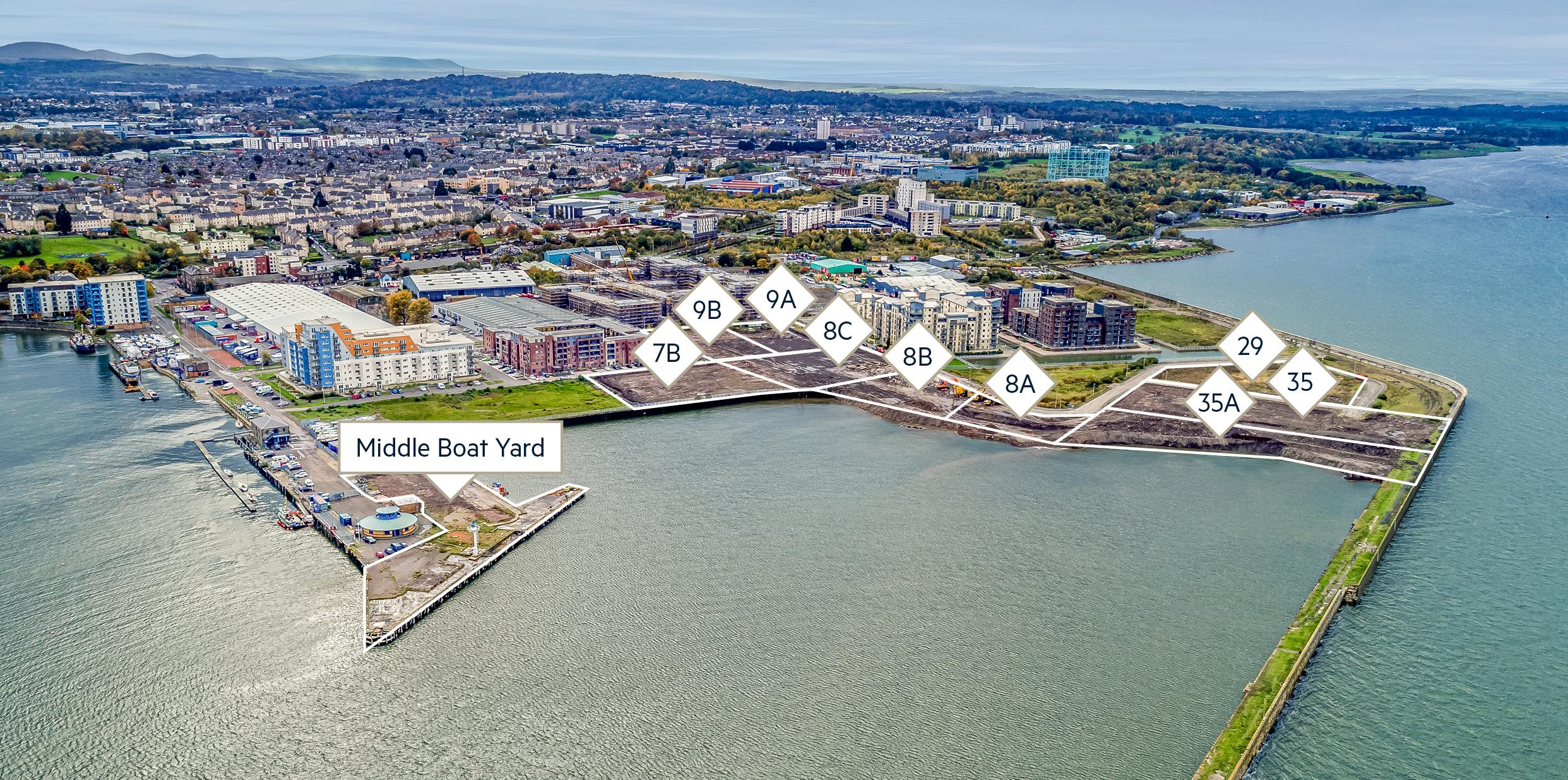 An aerial photograph of development plots at Granton Harbour.