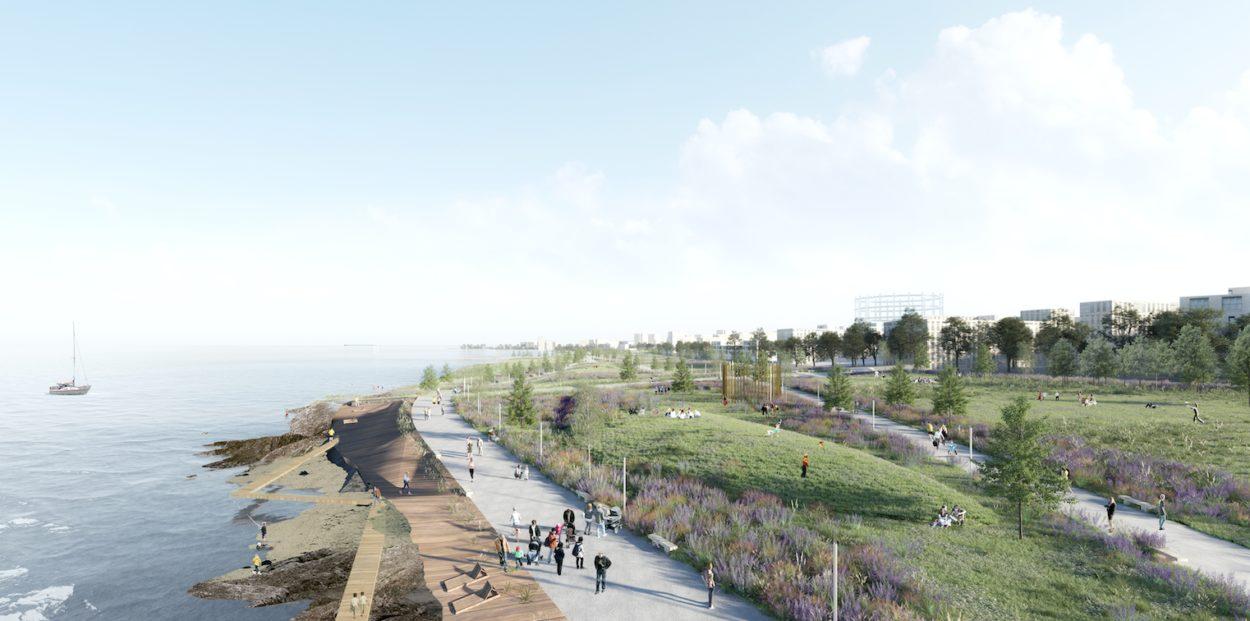 A computer-generated image of a new coastal park at Granton Waterfront.