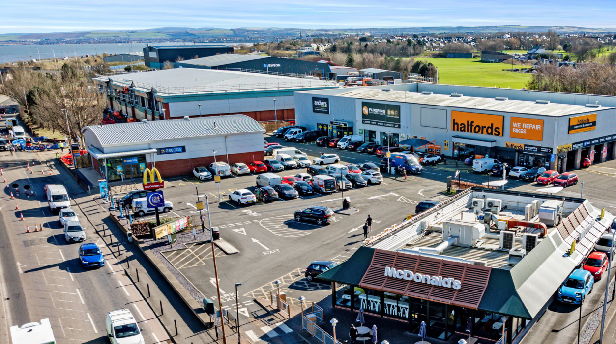 An aerial photograph of the Seafield Retail Park in Edinburgh.