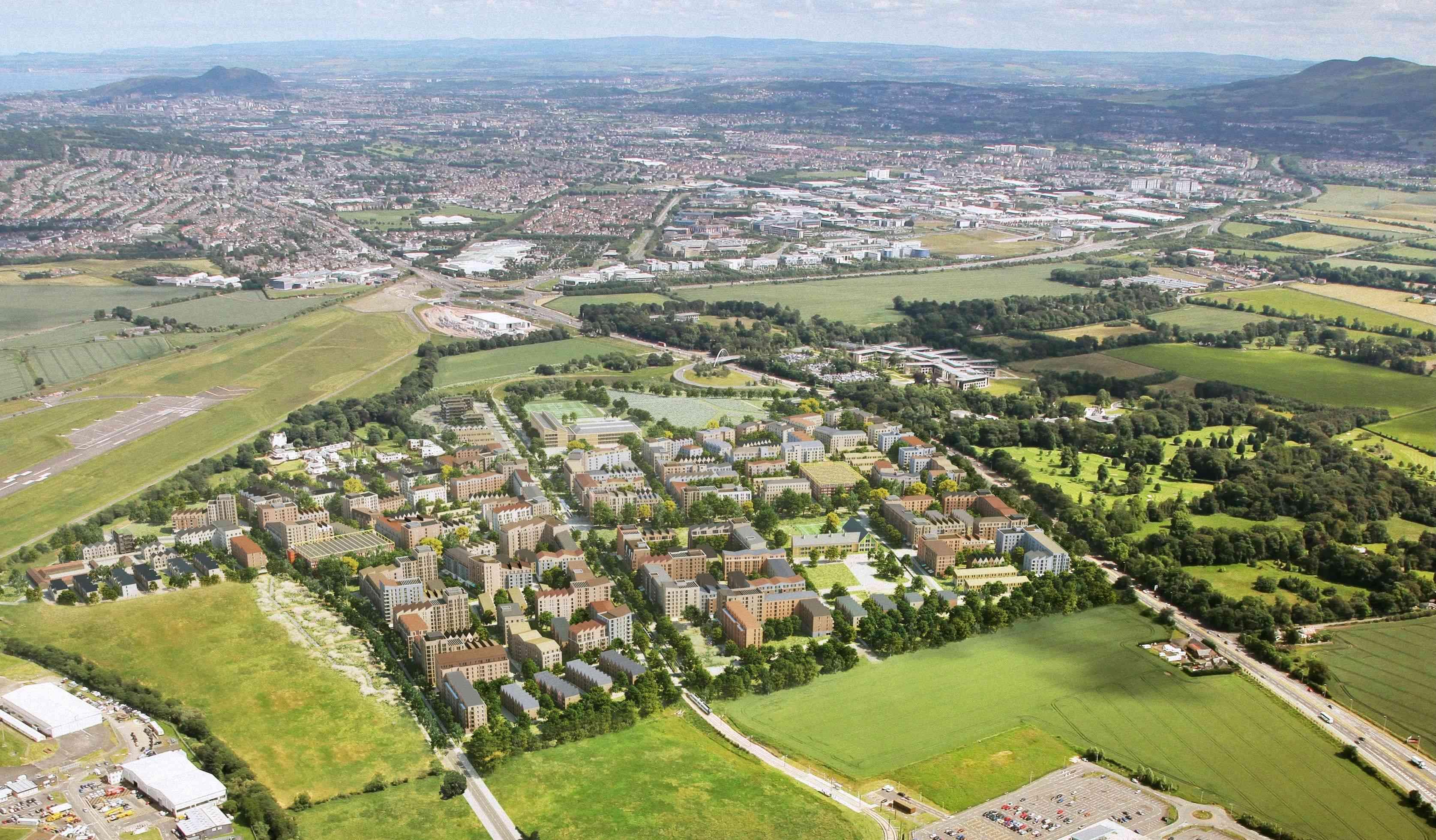 A CGI image depicting the "West Town" development as seen from the air.