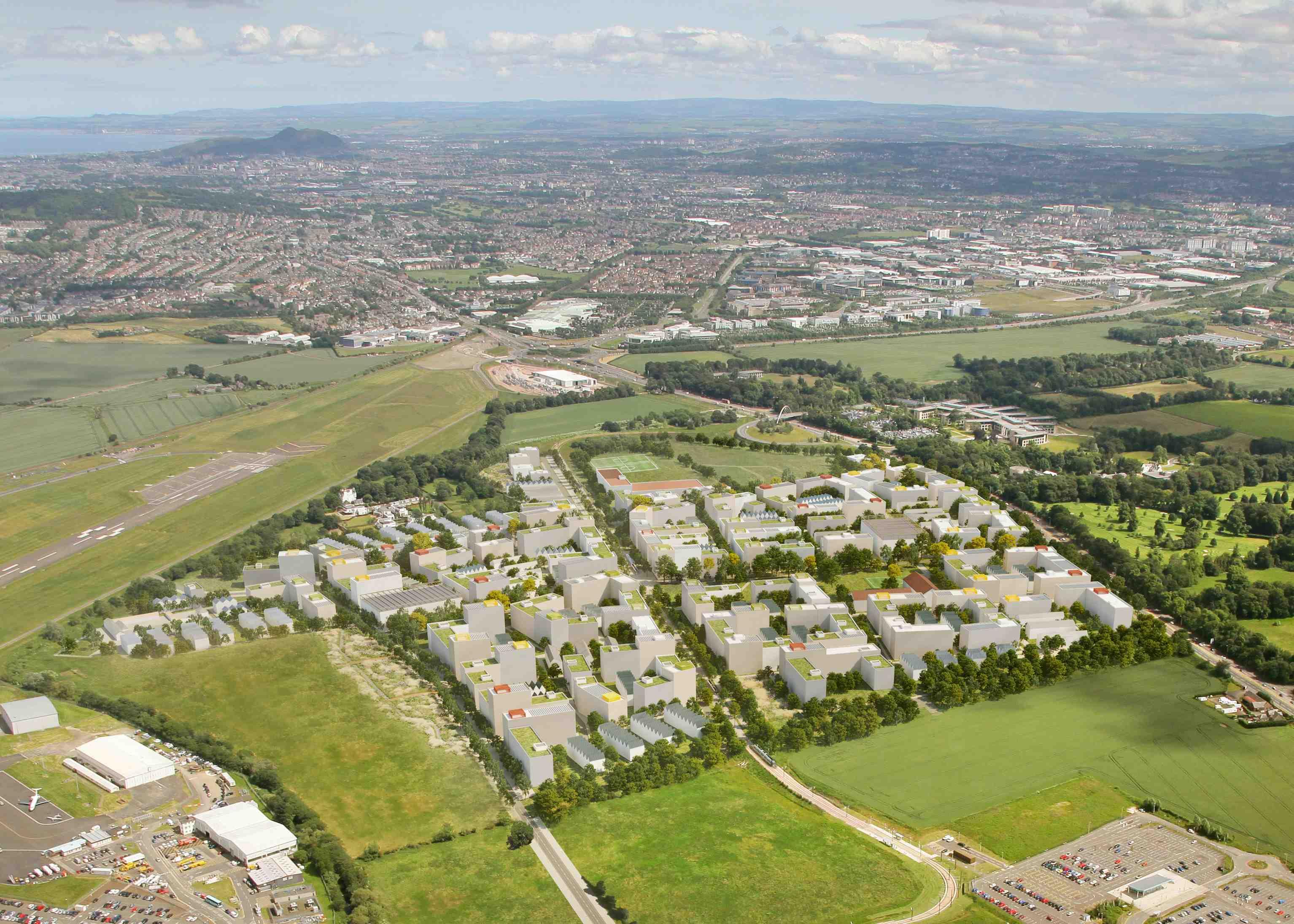 An aerial CGI of the proposed "West Town" development.