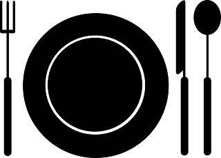 A vector graphic of a plate, knife, fork, and spoon.